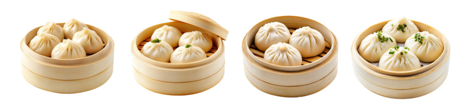 Japanese steamed bun bao set isolated Png, transparent without background.