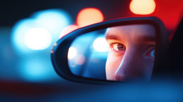 Close-up of a person's eye reflected in a car side mirror with blurred city lights in the background
