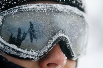 Person in fogged-up ski goggles with frosted lens in snowy conditions