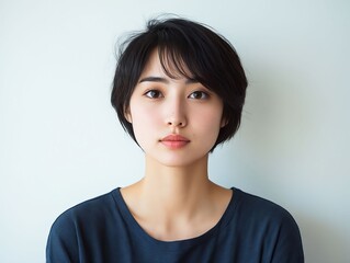 Fototapeta premium A woman with short black hair and a blue shirt
