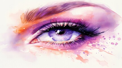 Close up of a stylized eye with purple and pink eyeshadow blending watercolor splashes and brushstrokes emphasizing artistic makeup beauty and creativity in vibrant soft hues