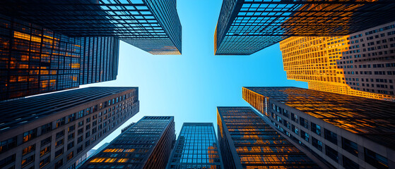 Obraz premium Cinematic, low-angle shot of buildings in Boston's financial district.