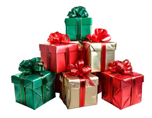 3d Stack of Christmas presents wrapped with red and green ribbons, isolated whit out background. PNG file transparent background