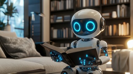 Fototapeta premium Ai Robot reading the book for improve knowledge in the house.