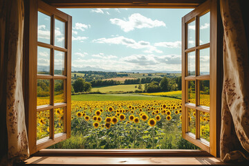Sunflower Fields View from Farmstead: Agricultural Tourism Concept