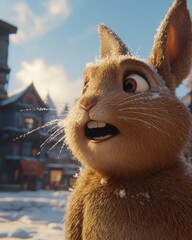 A curious rabbit explores the snowy landscape, showcasing its expressive face and ears in a winter wonderland