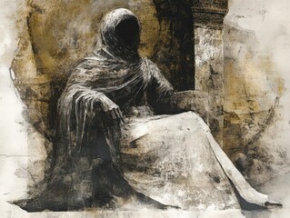 Mystical hooded figure seated in a shadowy, artistic composition.