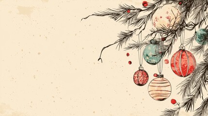 Create a handdrawn christmas background featuring detailed ornaments and pine branches for festive designs