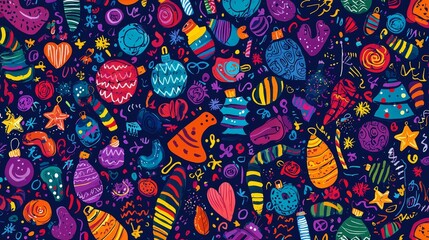 Create a vibrant handdrawn christmas background featuring colorful ornaments and doodles for your holiday projects