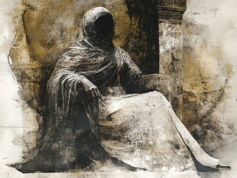 Mystical hooded figure seated in a shadowy, artistic composition.