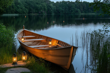 Obraz premium Rustic Rowboat with Lanterns Hung at Lakeshore – Peaceful Summer Evening Escape