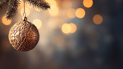 Festive Christmas and New Year holiday banner card with single minmalist ornament hanging from pine branch. with copy space and glitter bokeh. Holiday bokeh background with copy space.