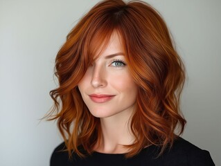 Fototapeta premium A woman with red hair and blue eyes is posing for a picture