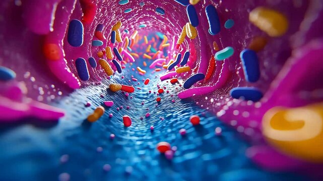 Colorful intestinal flora populating human intestine creating beneficial bacteria and aiding digestion forming a healthy microbiome