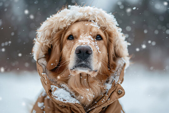 Cute dog's head in winter coat in snow - Powered by Adobe