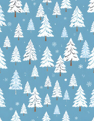 Obraz premium Seamless pattern with various hand drawn winter trees covered by snow on blue background. Backdrop with cartoon snowy forest. Modern vector illustration for wallpaper, wrapping paper, textile print,