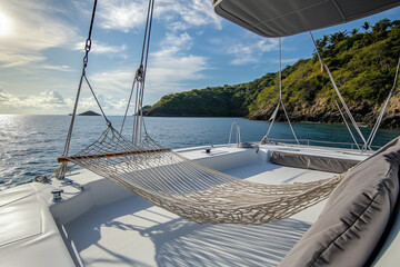 Fototapeta premium Classic Catamaran with Hammock Tied on Deck – Secluded Island Summer Escape