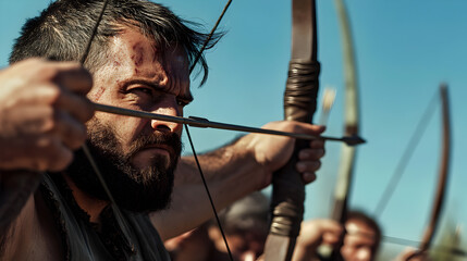 A pair of English archers drawing their bows in unison, preparing to release a volley of arrows. Minimalist battlefield scene, focusing on their precision.


