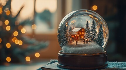 A festive snow globe with a cozy winter scene and twinkling lights in the background