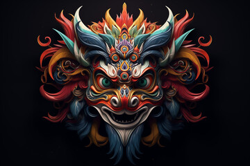 Naklejka premium Colorful abstract lion mask design with intricate patterns and vibrant colors, ideal for artistic projects and creative expressions.