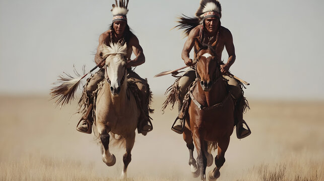 Two Native American warriors on horseback, galloping across a wide-open plain, their feathers and weapons streaming behind them. Majestic and free, with minimalist nature elements.



