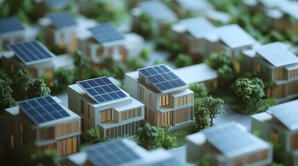 A model of eco-friendly homes featuring solar panels and greenery.