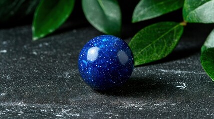   Blue ball sits atop black table, green foliage nearby on dark surface