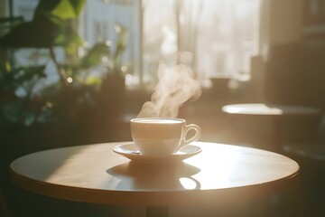 A close-up of a steaming cup of coffee on a caf?(C) table, with morning sunlight streaming in