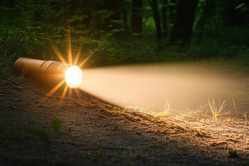 Naklejka premium Bright Flashlight Beam in Shadowed Forest: Practical Exploration Tool