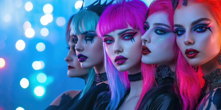 Vibrant alternative fashion portrait with neon lighting and dramatic makeup