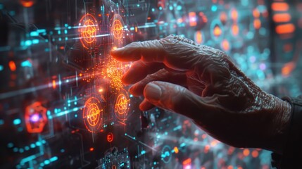 Elderly Hand Interacting with Futuristic Interface