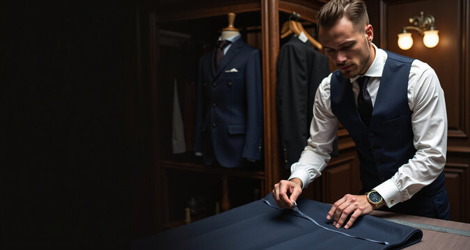 Bespoke tailor measuring fabric for a custom suit in an elegant studio, capturing luxury and precision in tailoring.