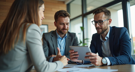 Caucasian businessman collaborating with colleagues on a tablet in a meeting room, showcasing teamwork and digital tools.