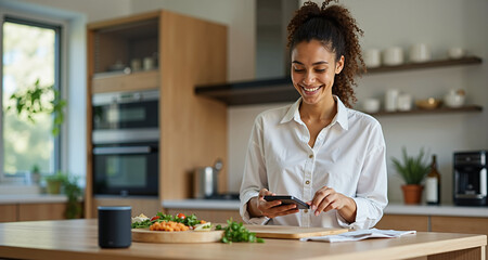 Young adult using a smart speaker in the kitchen while cooking, highlighting convenience and utility of AI-powered devices.