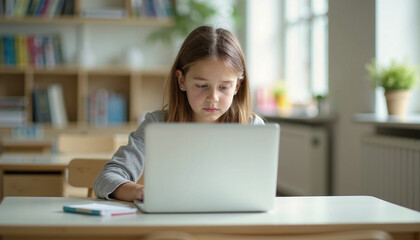 Fototapeta premium Young girl using a laptop for online learning in a bright room, representing modern education and children’s tech.