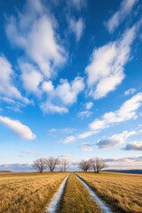 Scenic country road leading through a golden field under a dramatic cloudy sky