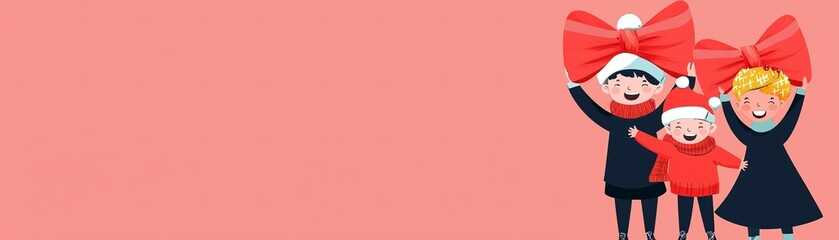 Kids celebrate christmas with giant bows on their heads in a fun festive display