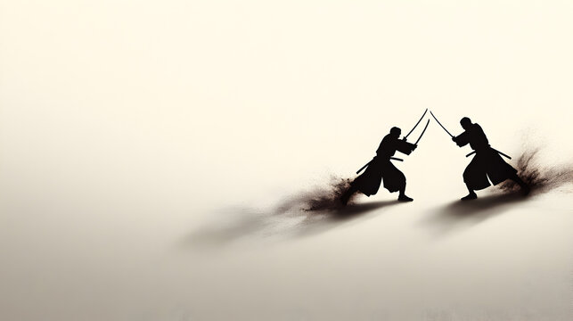 Two samurai clashing in a minimalist courtyard, their katanas locked in combat. Clean lines and focused movement with an empty background.


