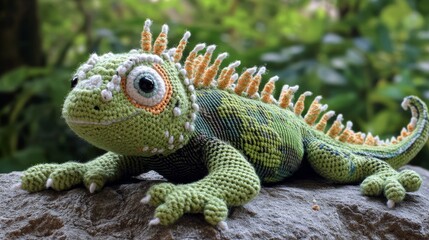 Fototapeta premium Realistic crocheted iguana with striking details and lively colors, calmly resting on a stone, beautifully captures the essence of nature and craftsmanship.