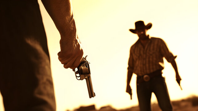 A pair of cowboys engaged in a duel, standing in a deserted town with their hands hovering over their pistols. Simplified Old West showdown with a focus on their stance.



