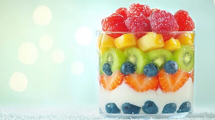   close-up image of a delicious fruit salad with yogurt and berries served in a transparent glass The blurry background adds depth to the overall composition