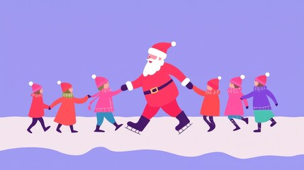 Fototapeta premium Santa slips on ice as kids hold hands to help him stay balanced and enjoy the winter fun together
