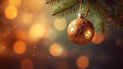 Festive Christmas and New Year holiday banner card with single minmalist ornament hanging from pine branch. with copy space and glitter bokeh. Holiday bokeh background with copy space.