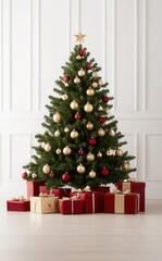 Beautifully decorated christmas tree with red and gold ornaments and presents underneath