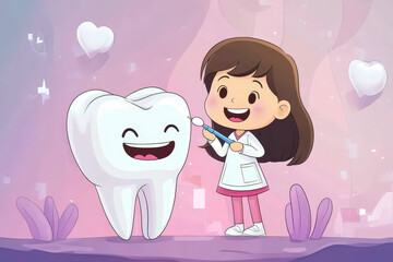 Happy world dentist day celebration with smiling tooth and child dentist cartoon design. Flat illustration. Copy space. International Dentist day. Stomatology Day. Dental health and hygiene concept