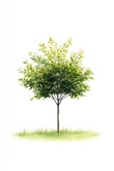 Lush green tree in a grassy field against a white background