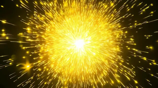 Radiating yellow starburst. A bright yellow point of light expanding into an explosive starburst, sending glowing yellow rays outward into the void. Abstract pattern,