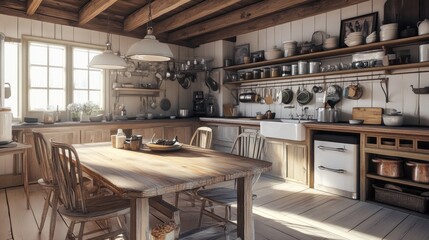 Rustic farmhouse kitchen with wooden table, cabinets, and shelves. Sunlight streams through a window illuminating the space.