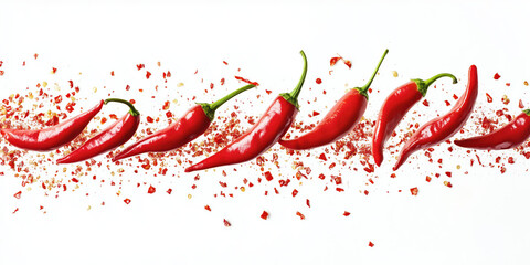 Vibrant arrangement of red chili peppers with crushed flakes on white background