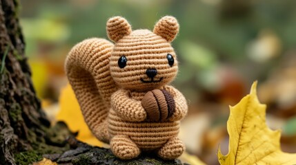 Obraz premium This image features a crocheted squirrel with an acorn, surrounded by autumn leaves, capturing the whimsical essence of nature's playful and cozy atmosphere.